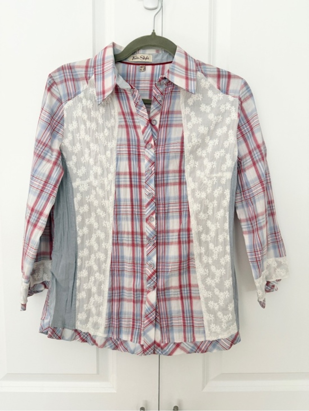 Tinta Style Western Plaid Embroidered Lace Button-Up Blouse EU 44 /DE 40/~US 10